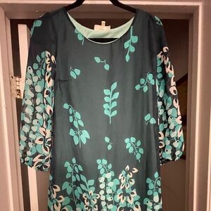 Elegant Teal Leaf Print Long Sleeve Dress
